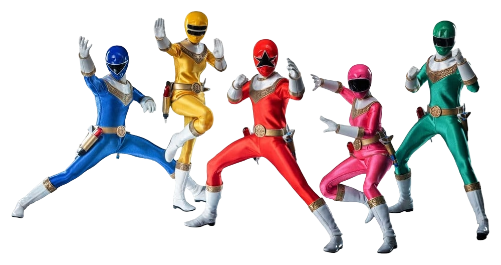 Figurines Power Rangers Zeo Pack FigZero, set de 5 figurines en échelle 1/6 de la marque Threezero, illustrant les héros en poses dynamiques.