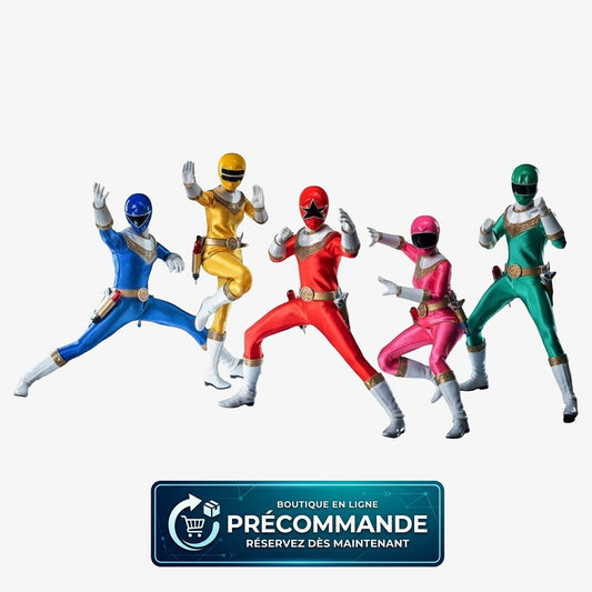 Figurines Power Rangers Zeo Pack FigZero de 5 en échelle 1/6 par Threezero, personnages en poses dynamiques.