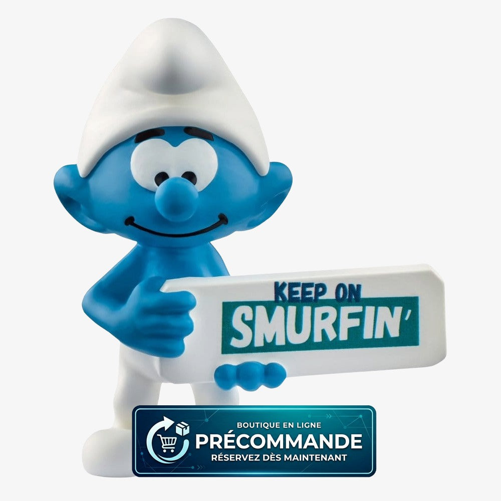 Mini-figurine Schtroumpf Schleich avec panneau "Keep on Smurfin'", 5 cm, figurine de personnage Les Schtroumpfs.