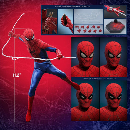 Figurine Spider-Man Hot Toys de 29 cm, édition Brand New Day, posant avec détails réalistes et costume emblématique.