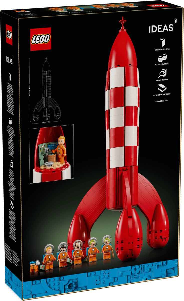 Briques de construction LEGO Icons La Fusée Lunaire de Tintin, modèle détaillé inspiré de l'œuvre d'Hergé, vue de face.