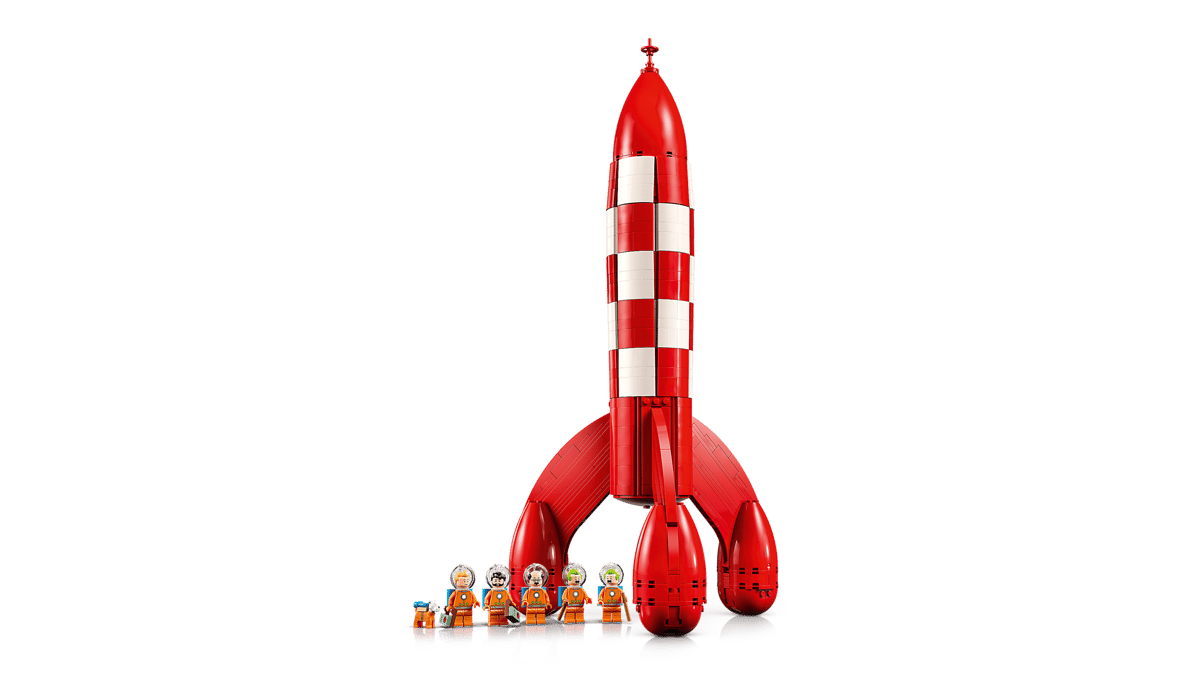 Briques de construction LEGO Icons La Fusée Lunaire de Tintin, modèle détaillé inspiré de l'œuvre d'Hergé, vue de face.