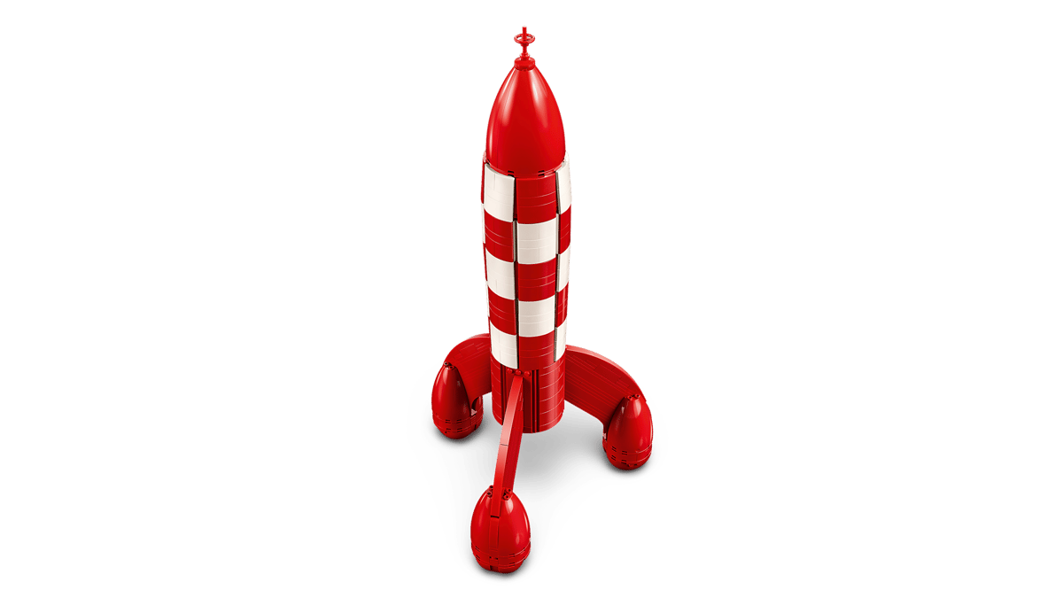 Briques de construction Lego Icons La Fusée Lunaire de Tintin, modèle détaillé de la célèbre icône d'Hergé, pour collectionneurs.