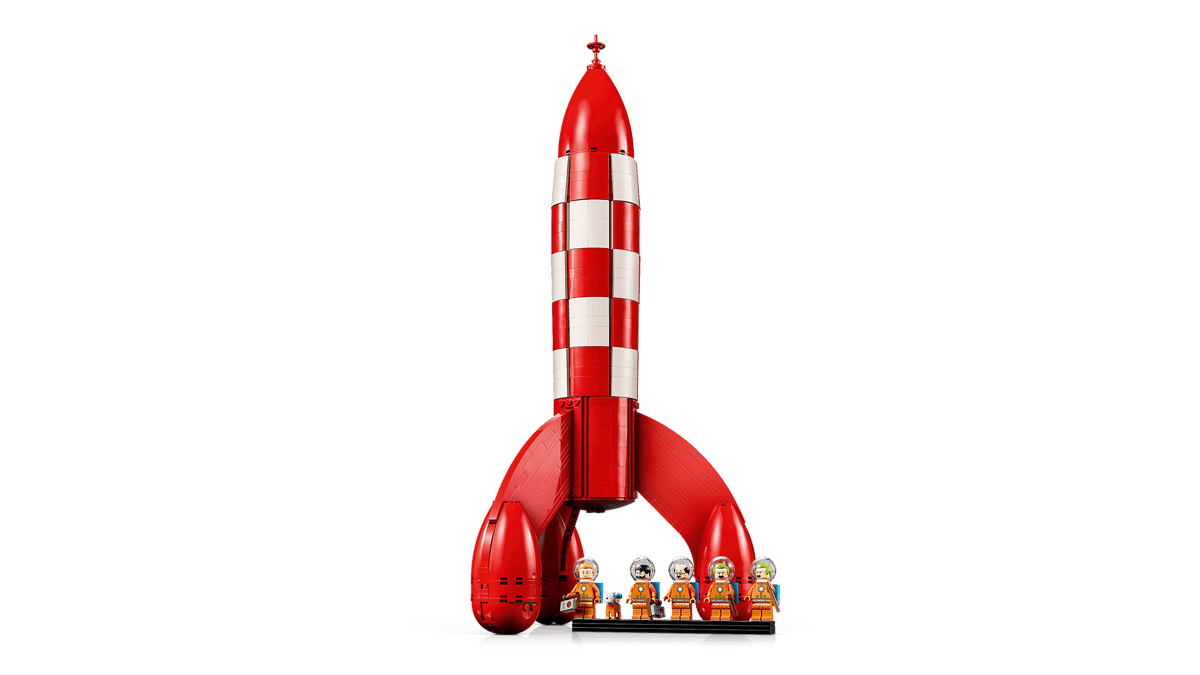 Briques de construction LEGO Icons La Fusée Lunaire de Tintin, modèle inspiré du célèbre personnage d'Hergé, en détail.