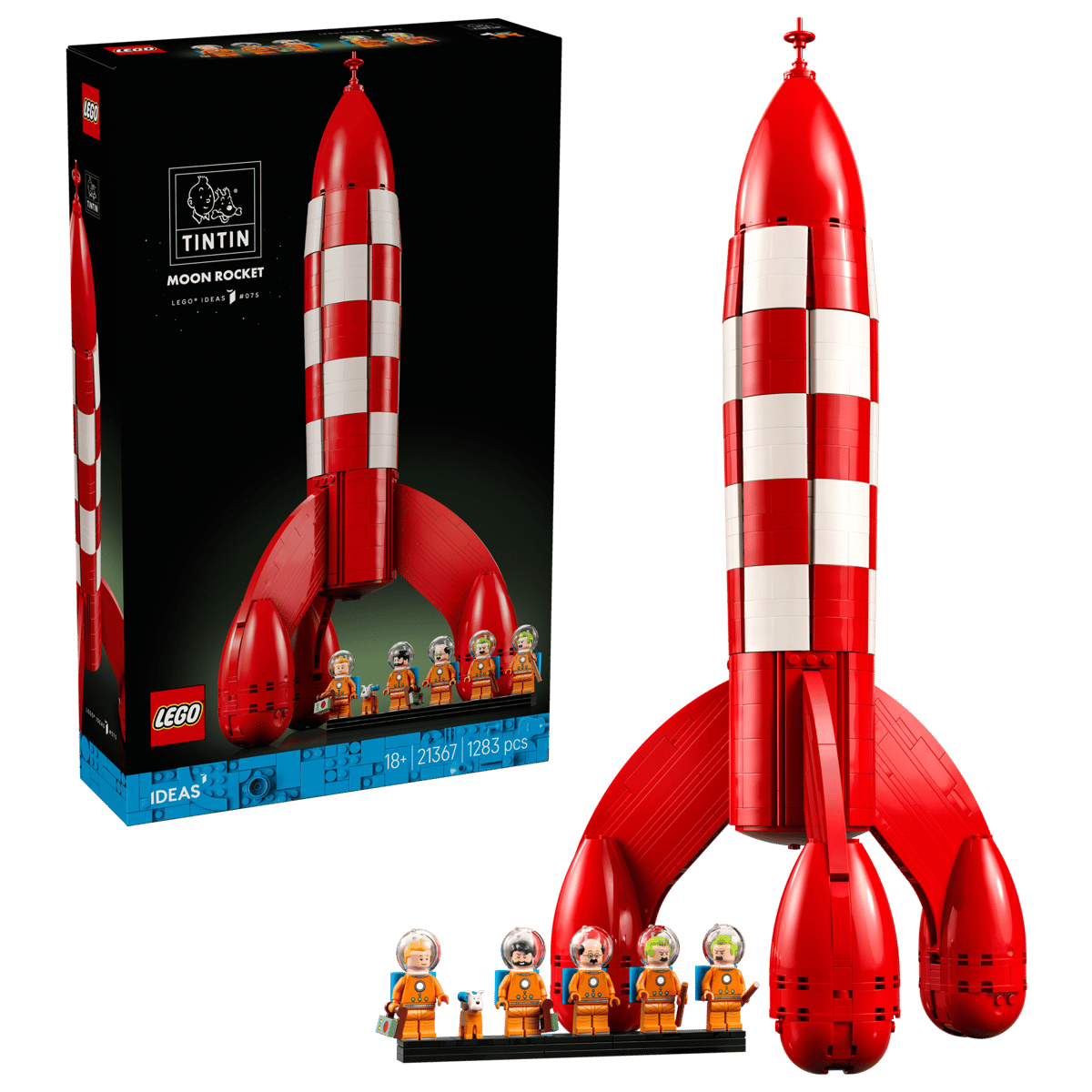 Briques de construction LEGO Icons La Fusée Lunaire de Tintin, modèle détaillé inspiré de la création d'Hergé.