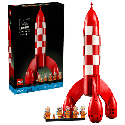 Briques de construction LEGO Icons La Fusée Lunaire de Tintin, modèle détaillé inspiré de l'œuvre d'Hergé, pour collectionneurs.