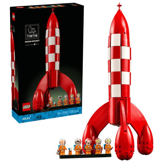 Briques de construction LEGO Icons La Fusée Lunaire de Tintin, modèle détaillé inspiré de la création d'Hergé.
