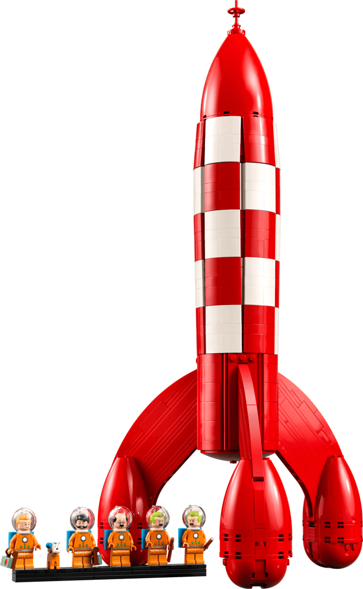 Briques de construction LEGO Icons La Fusée Lunaire de Tintin, modèle détaillé inspiré de l'œuvre d'Hergé, pour collection et jeu.