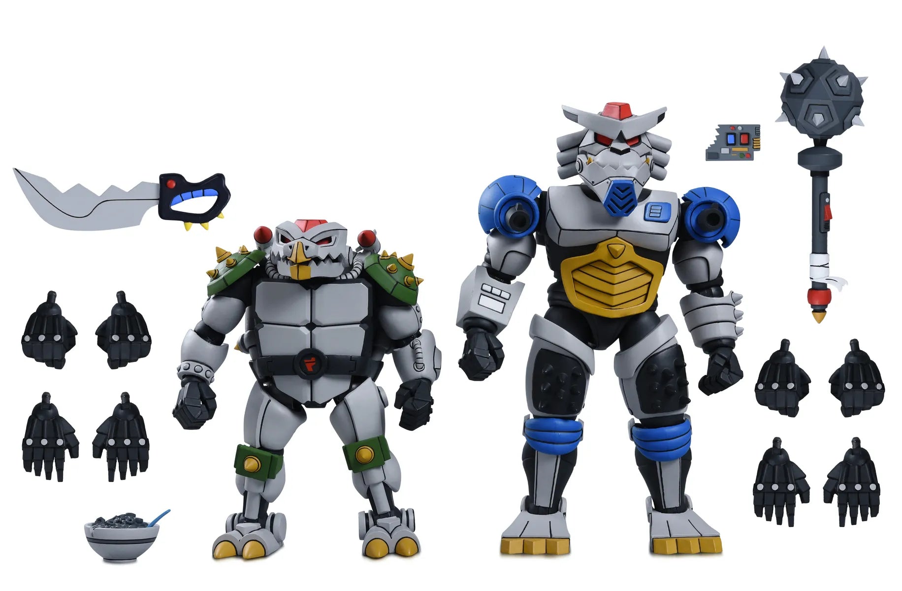 Figurines TMNT Robo Tokka et Rahzar, Tortues Ninja 1987 Neca, édition cartoon, personnages en plastique colorés.