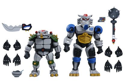 Figurines TMNT Robo Tokka et Rahzar, Tortues Ninja 1987 Neca, édition cartoon, personnages en plastique colorés.