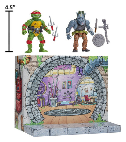 Figurines remasterisées Tortues Ninja : Raphael et Rocksteady de Playmates Toys, détails des personnages avec accessoires.