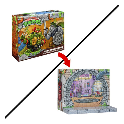 Figurine Tortues Ninja Remix Raphael contre Rocksteady, jouets Playmates Toys, visible détails de la figurine dans l'image.