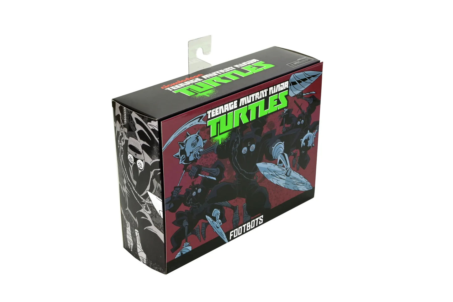 Figurines TMNT Tortues Ninja Neca, pack de 4 Footbots édition Cartoon, personnages colorés et détaillés, vue en gros plan.