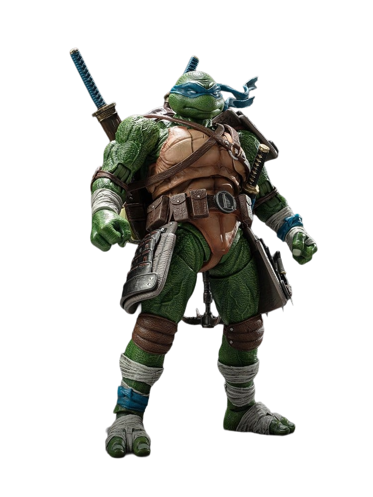 Figurine Leonardo des Tortues Ninja TMNT, version Deluxe, HeatBoy, 20 cm, en pose avec détails colorés et accessoires.