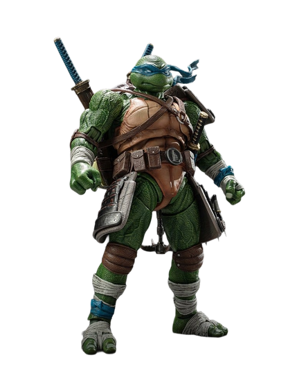 Figurine Leonardo des Tortues Ninja TMNT, version Deluxe, HeatBoy, 20 cm, en pose avec détails colorés et accessoires.
