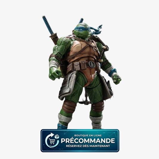 Figurine Leonardo Tortues Ninja TMNT, version Deluxe, de 20 cm, marque HeatBoy, vue de face avec détails colorés.