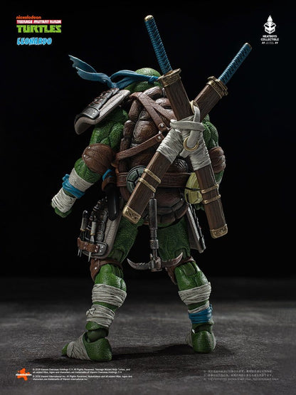 Figurine Leonardo Tortues Ninja TMNT, version deluxe de 20 cm, de la marque HeatBoy, montrant le héros en costume vert avec ses armes