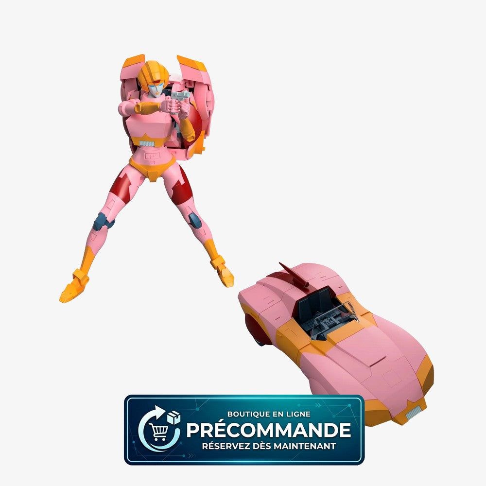 Figurine Transformers MPG-23 Secret Agent Arcee de Takara Tomy, 17,5 cm, vue de face avec détails de robot et accessoires.