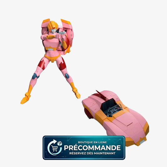 Figurine Transformers MPG-23 Secret Agent Arcee de Takara Tomy, 17,5 cm, vue de face avec détails de robot et accessoires.
