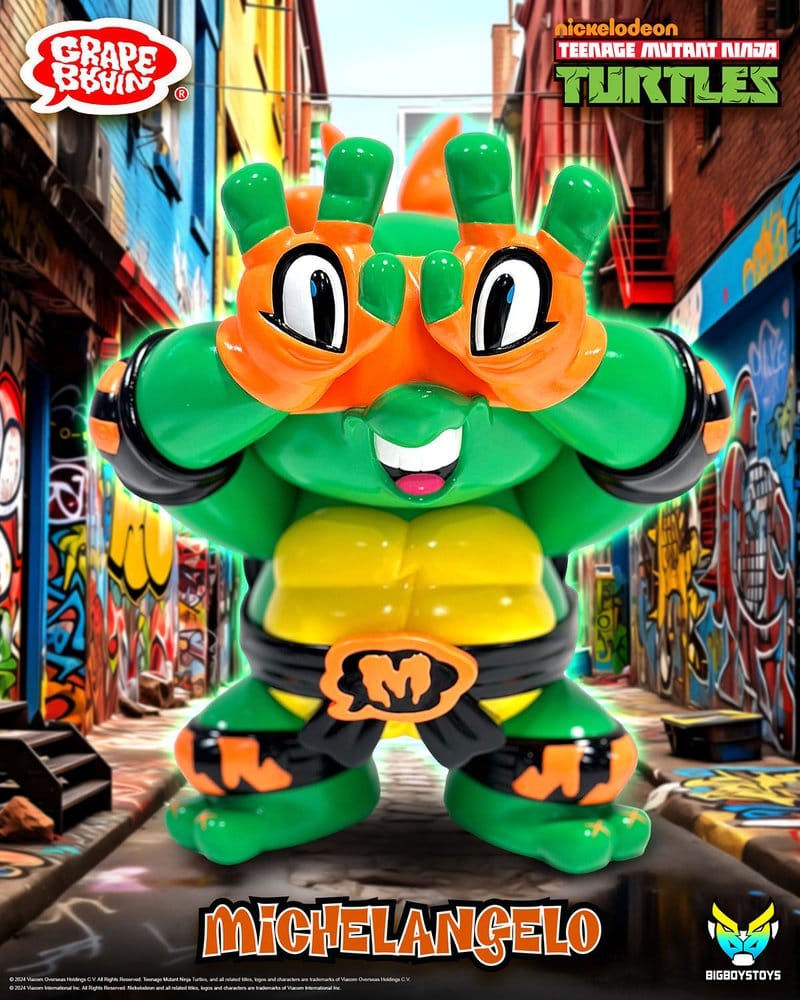 Figurine en vinyle Michelangelo des Tortues Ninja x Grape Brain, 24 cm, avec détails colorés et pose dynamique, de BigBoysToys