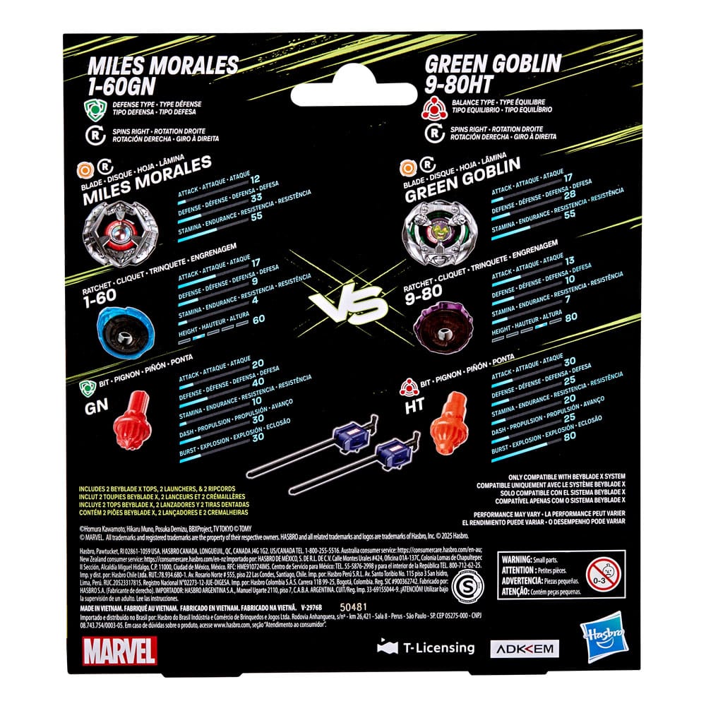 Collaboration Beyblade X et Marvel Miles Morales 1-60GN contre Green Goblin 9-80HT