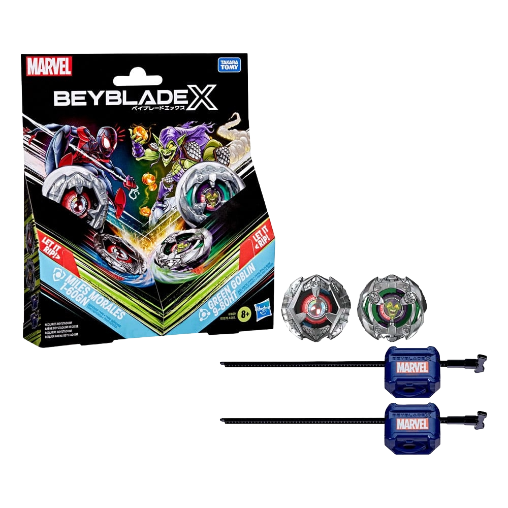 Collaboration Beyblade X et Marvel Miles Morales 1-60GN contre Green Goblin 9-80HT