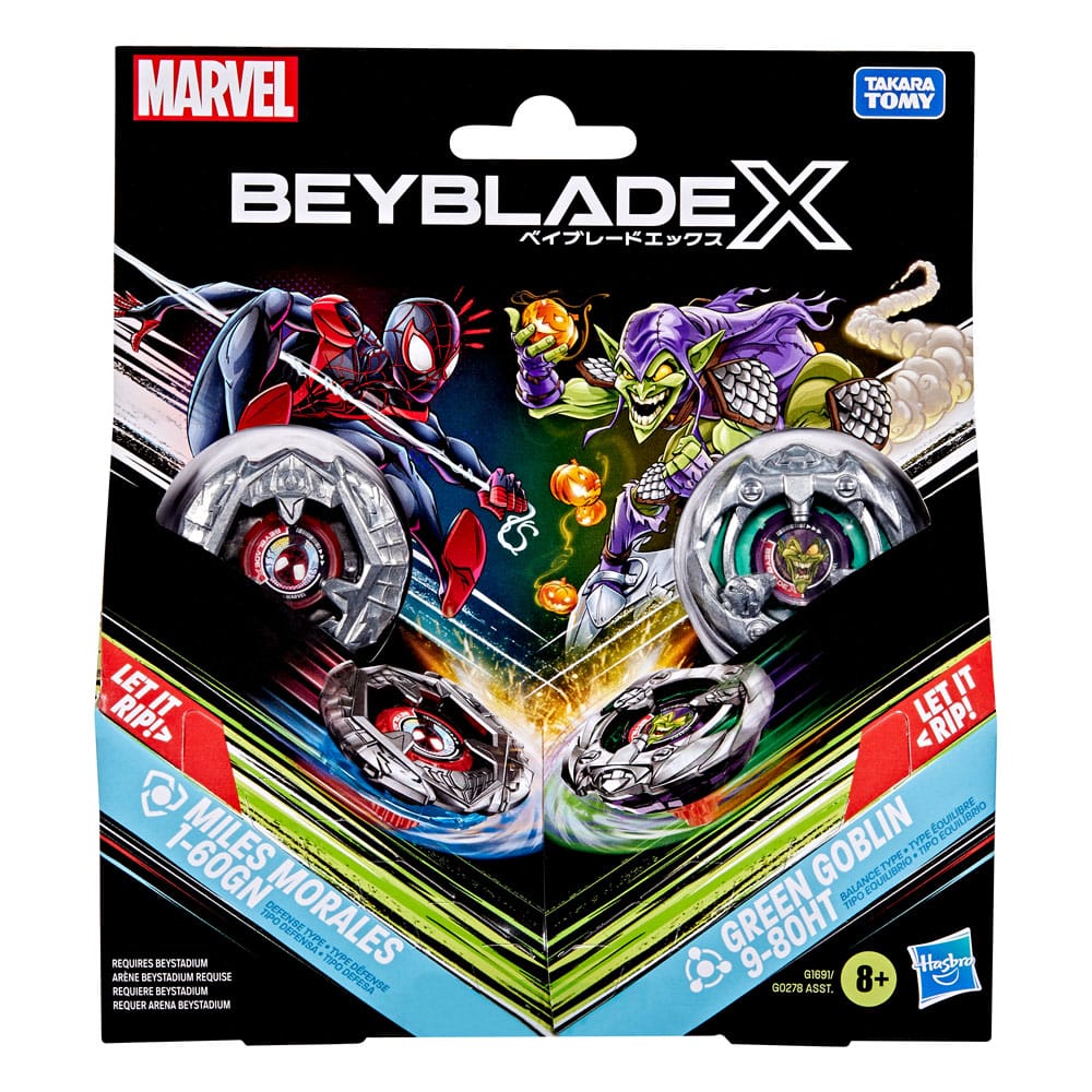 Collaboration Beyblade X et Marvel Miles Morales 1-60GN contre Green Goblin 9-80HT