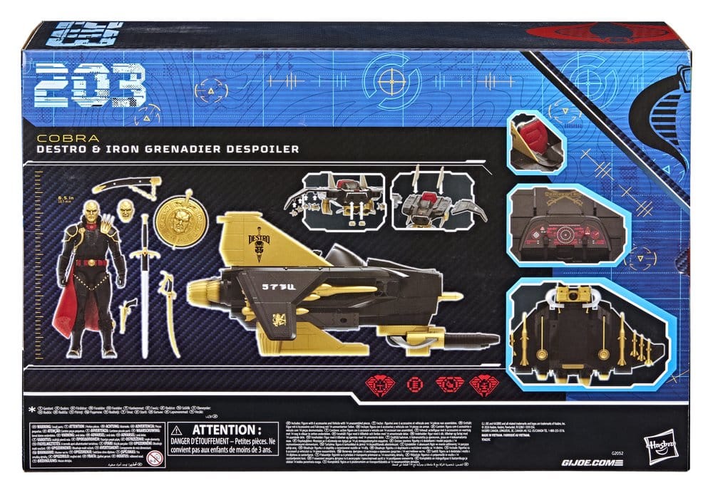 Figurine G.I. Joe Classified Series Destro et véhicule Despoiler de 15 cm de Hasbro, détails de la figurine et véhicule.