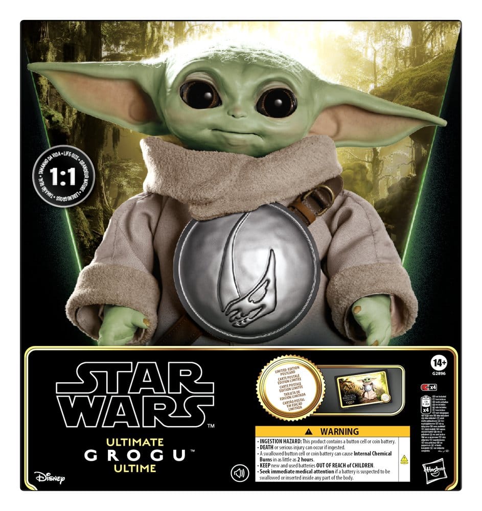 Figurine animatronique Star Wars Ultimate Grogu en édition spéciale, 37 cm, de la marque Hasbro, montrée en détail.