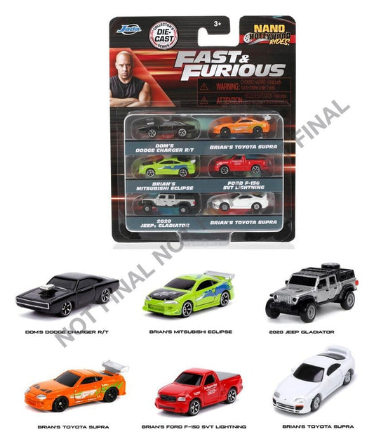 Mini véhicules Fast & Furious Pack de 6 Nano Cars de Jada Toys, détaillés et colorés, pour collection ou jeu.