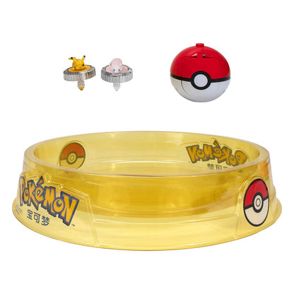 Figurines Pokémon Jazwares, pack de 2 Battle Spinner et arène, figurines colorées et détaillées pour collection et jeu.