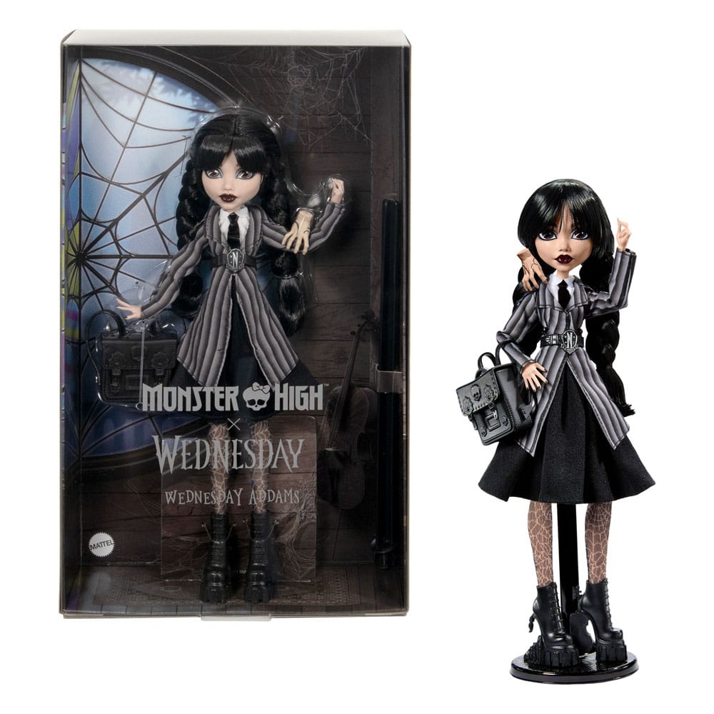 Poupée Monster High x Wednesday Addams de Mattel, personnage sombre avec robe noire et cheveux longs, détails de la poupée.