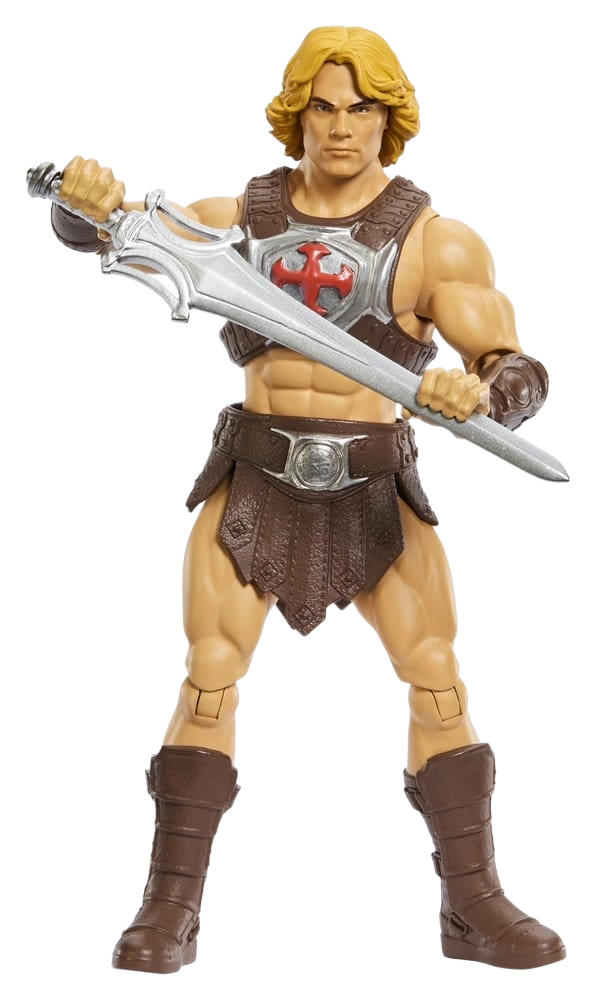 Figurine He-Man (Musclor) Masters of the Universe Movie Chronicles, 14 cm, en plastique de la marque Mattel, visible en détail.