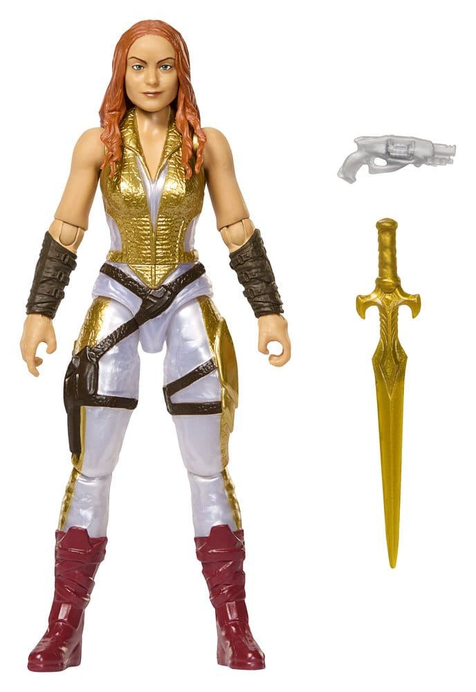 Figurine Teela des Maîtres de l'Univers 2026, modèle de 14 cm, fabriquée par Mattel, montrant la protagoniste en costume détaillé