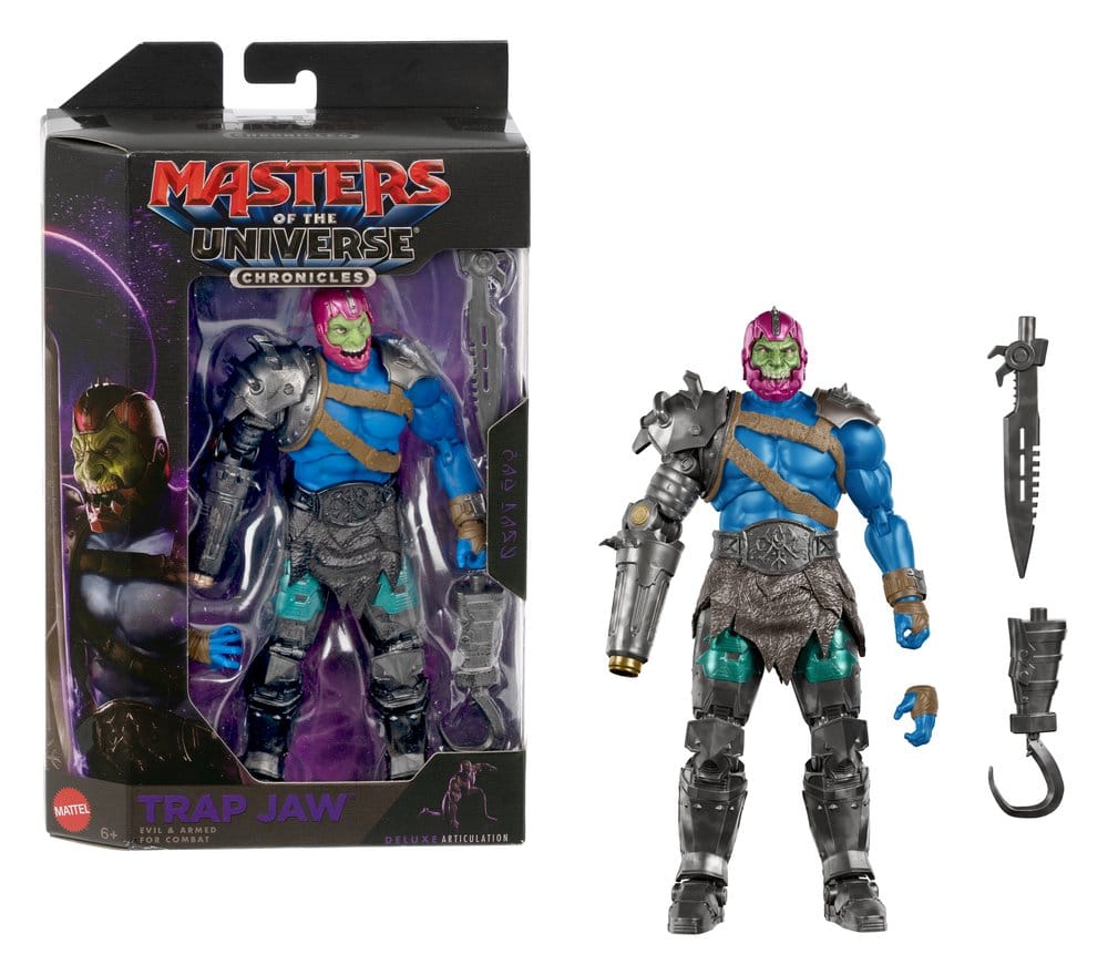 Figurine Trap-Jaw de Masters of the Universe Movie Chronicles par Mattel, vue de face avec détails colorés et articulation visible.