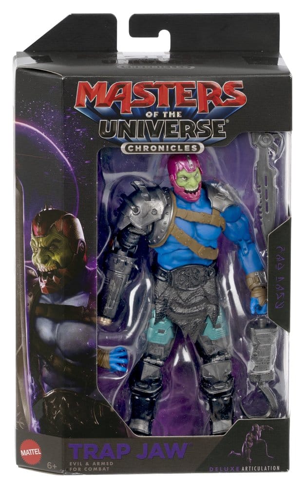 Figurine Trap-Jaw de Masters of the Universe Movie Chronicles par Mattel, vue de face avec détails de la figurine.
