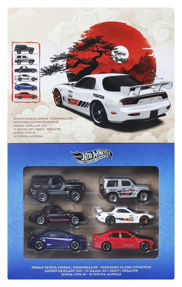 Paquet de 6 véhicules en métal die-cast Hot Wheels Silver Series Streets of Japan, collection de voitures de 1/64, par Mattel.