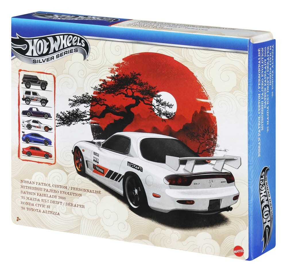 Paquet de 6 véhicules en métal Hot Wheels Silver Series Streets of Japan, voitures de course 1/64 de la marque Mattel.