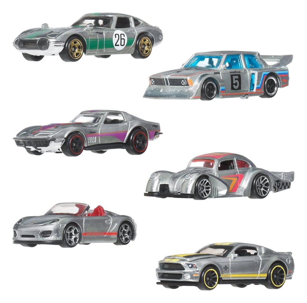 Ensemble de 6 véhicules en zamac de la série Silver Hot Wheels Mattel, voitures miniatures die-cast 1/64.