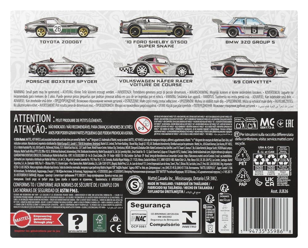 Paquet de 6 véhicules en zamac de la série Silver Hot Wheels, modèles en métal die-cast 1/64 de Mattel.