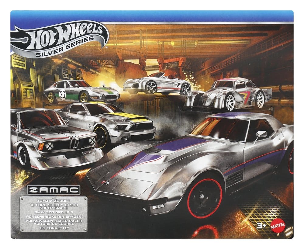 Ensemble de 6 véhicules en zamac de la série Silver Hot Wheels, voitures en métal à l’échelle 1/64 de la marque Mattel.