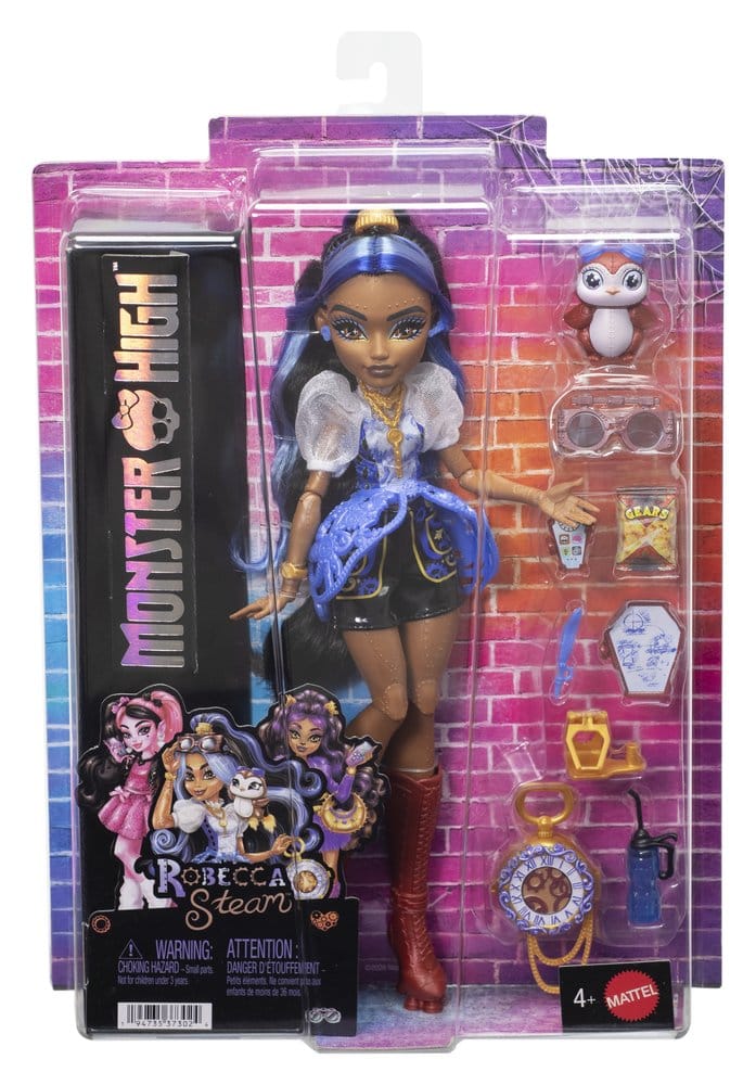 Figurine Monster High Robecca Steam de Mattel, détail de la poupée avec sa robe et accessoires.