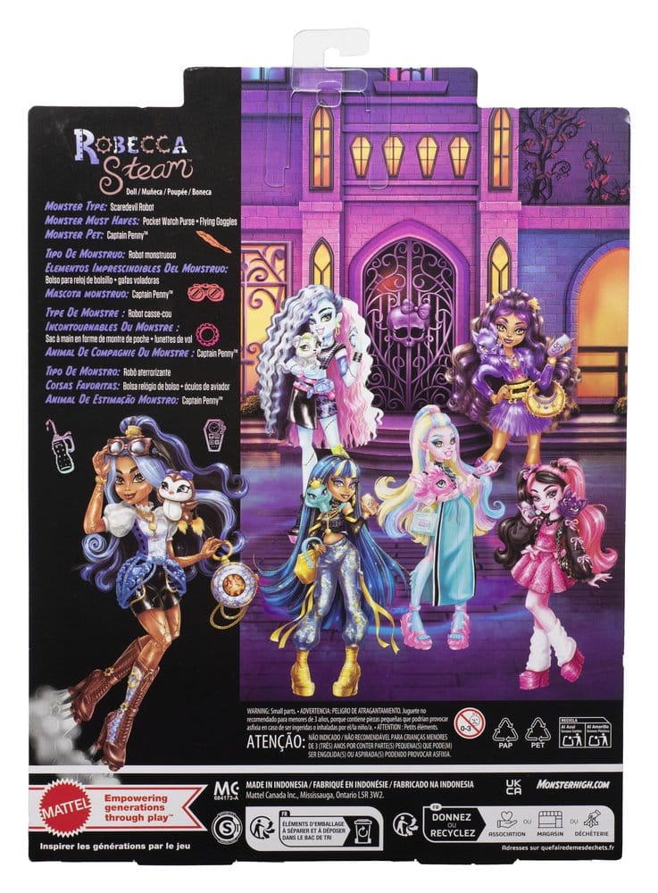 Figure Monster High Robecca Steam de Mattel, poupée avec détails de costume gothique et accessoires distinctifs.