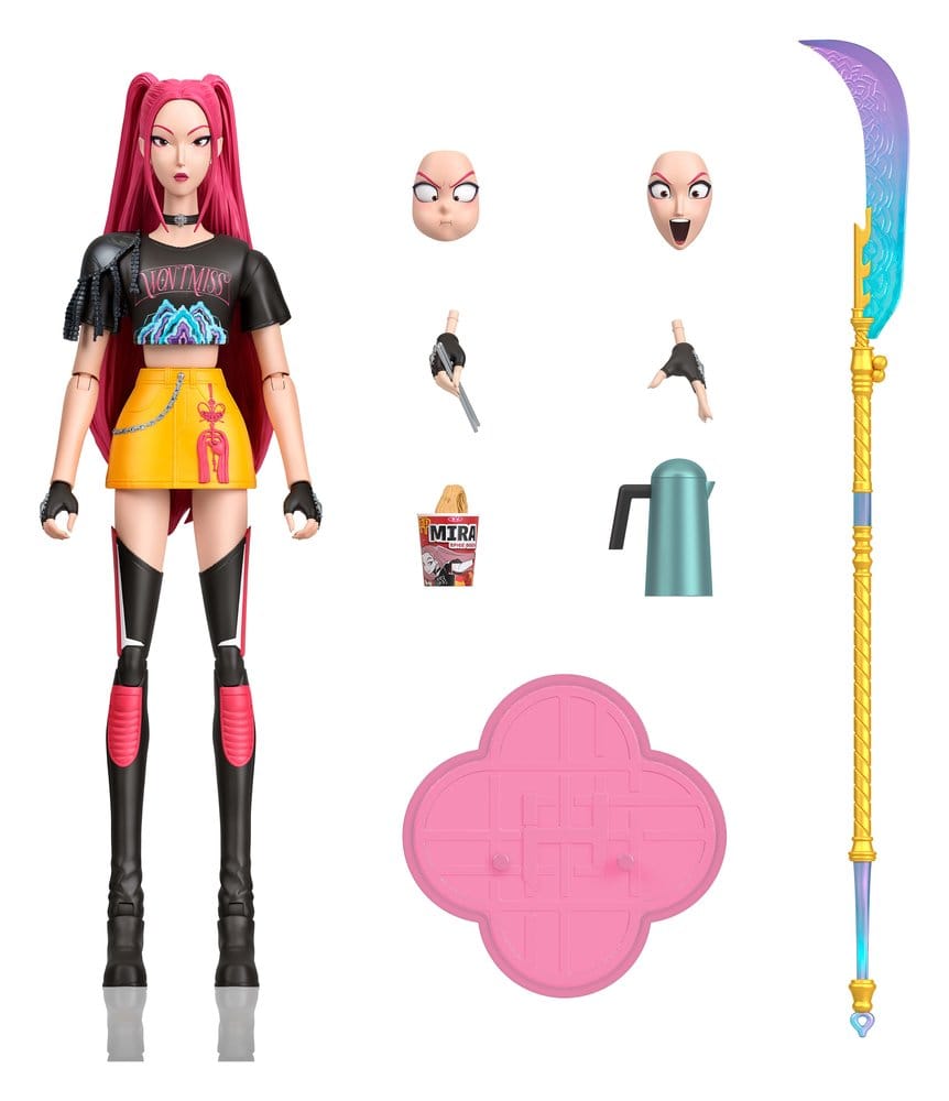 Figurine KPop Demon Hunters HUNTR/X Mira de 15 cm de la marque Mattel, détail de la figurine avec costume et accessoires.