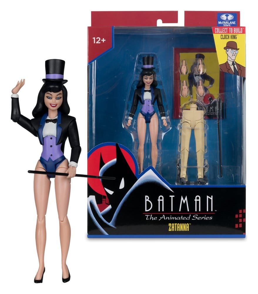Figurine Batman de la série animée Zatanna par McFarlane Toys, pose détaillée avec costume noir et cape violette.
