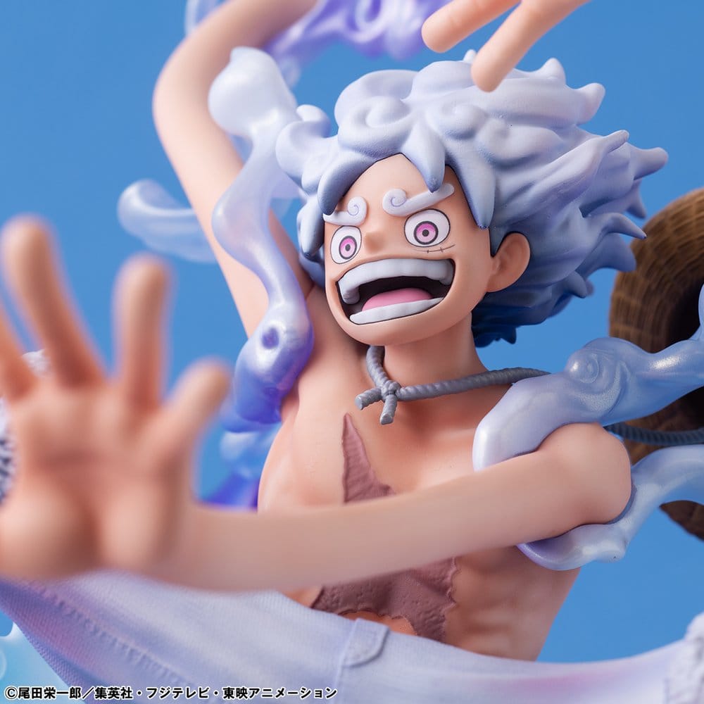 Figurine Monkey D. Luffy Gear Fifth "Evolutionary History" de Megahouse, 26 cm, personnage de One Piece, détail de la figurine.