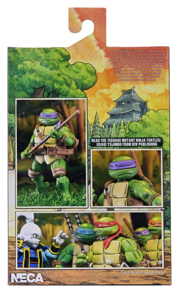 Figurine NECA TMNT x Usagi Yojimbo Donatello ultime de 18 cm, version comic, détail précis et pose dynamique.
