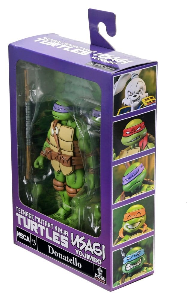 Figurine NECA Teenage Mutant Ninja Turtles et Usagi Yojimbo Donatello version comic, 18 cm, pose détaillée sur fond blanc.