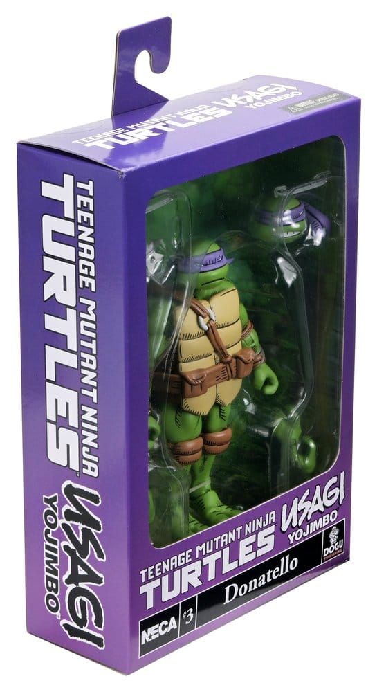 Figurine NECA TMNT x Usagi Yojimbo Ultimate Donatello de 18 cm, style comic, pose détaillée et articulation visible.