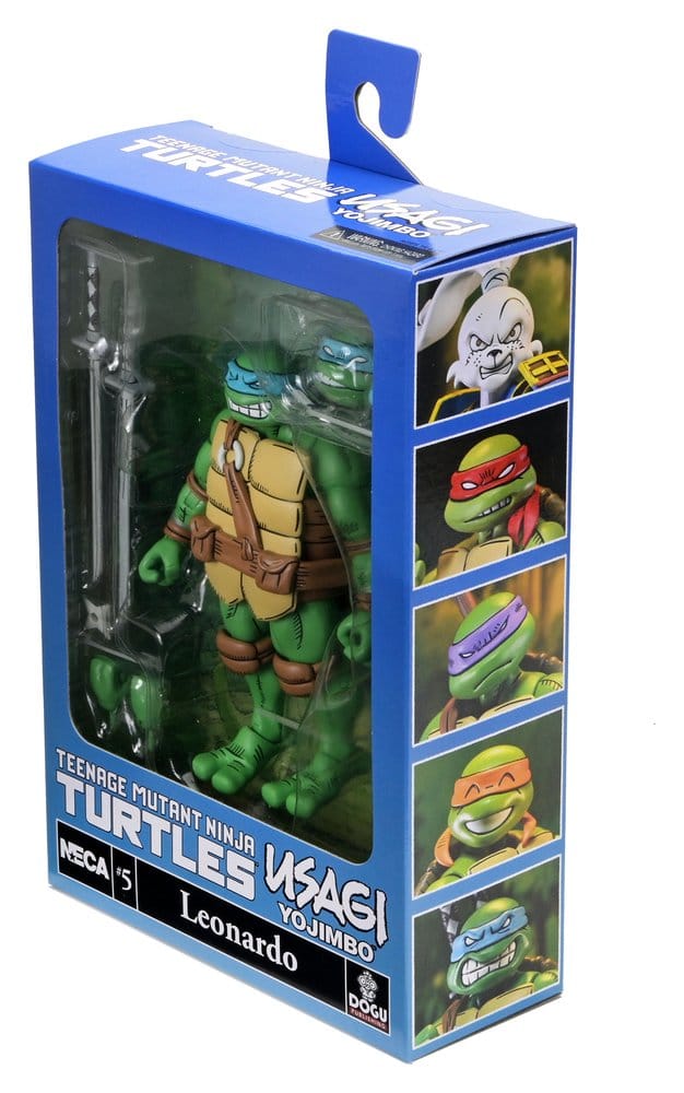 Figurine NECA TMNT x Usagi Yojimbo Ultimate Leonardo, version comic, 18 cm, représentant le personnage en pose dynamique.
